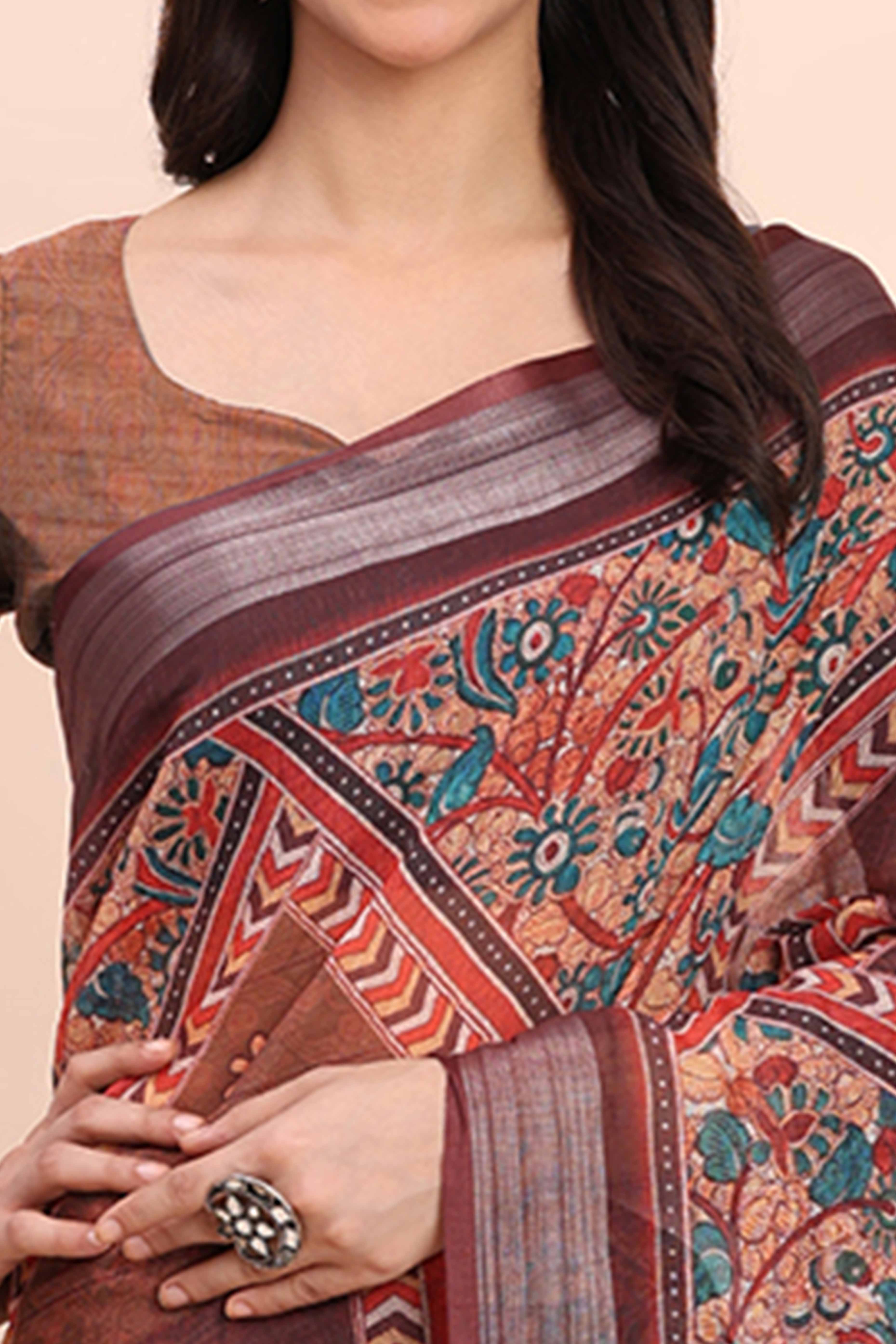 Brown Linen Saree with Intricate Silver Weaving
