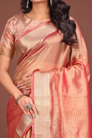 Gajari Pink Organza Solid Saree With Lustrous Zari Weave &  Delicate Tassels