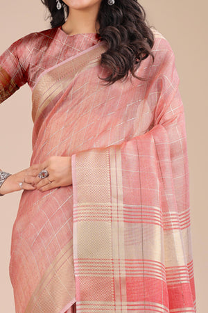 Peach Organza Saree with Checkered Zari Weaving and Tassels