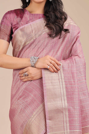 Purple Organza Saree with Checkered Zari Weaving Artistry and Tassels