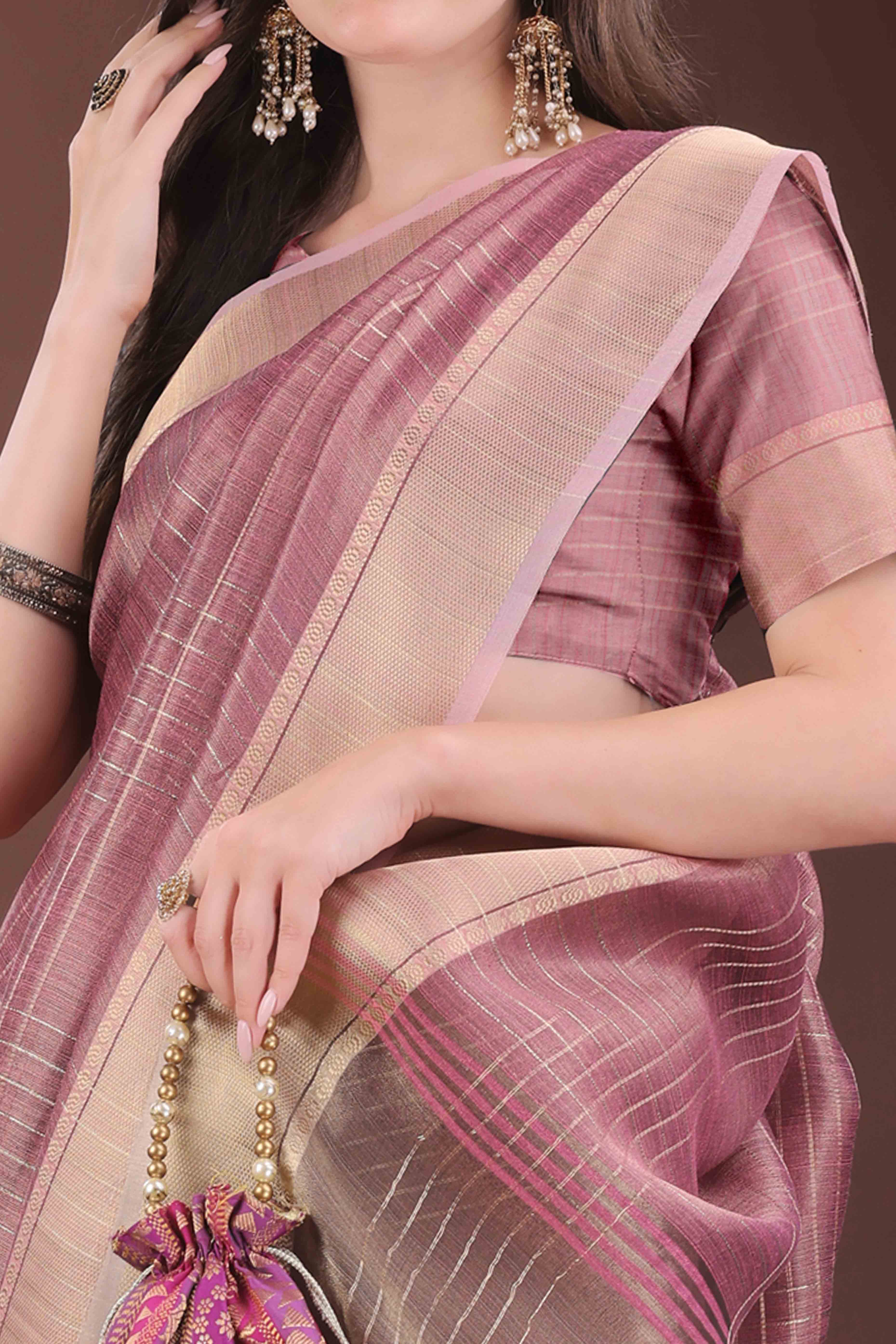Onion Pink Organza Saree With Zari Weaving Check Patterns & Elegant Tassel Accents