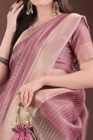 Onion Pink Organza Saree With Zari Weaving Check Patterns & Elegant Tassel Accents