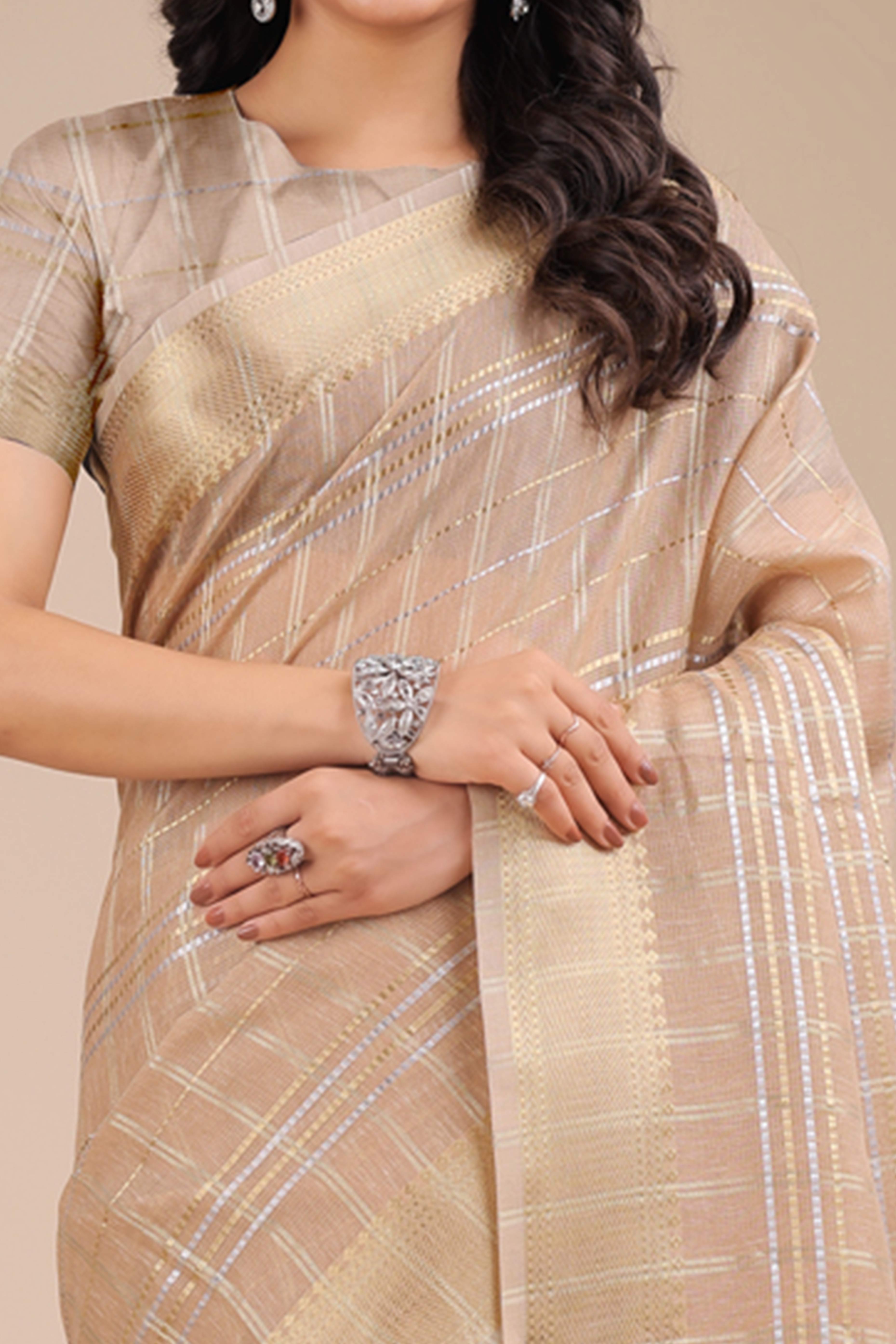 Beige Organza Saree with Checkered Zari Weaving and Tassel Elegance
