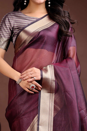 Purple Organza Saree with Zari Border Weaving Refinement