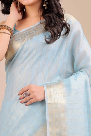 Sky Blue Organza Saree With Intricate Weave & Elegant Tassel Accents