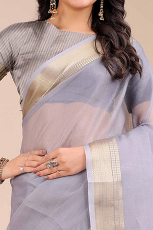 Soft Grey Organza Saree with Detailed Zari Woven Edging