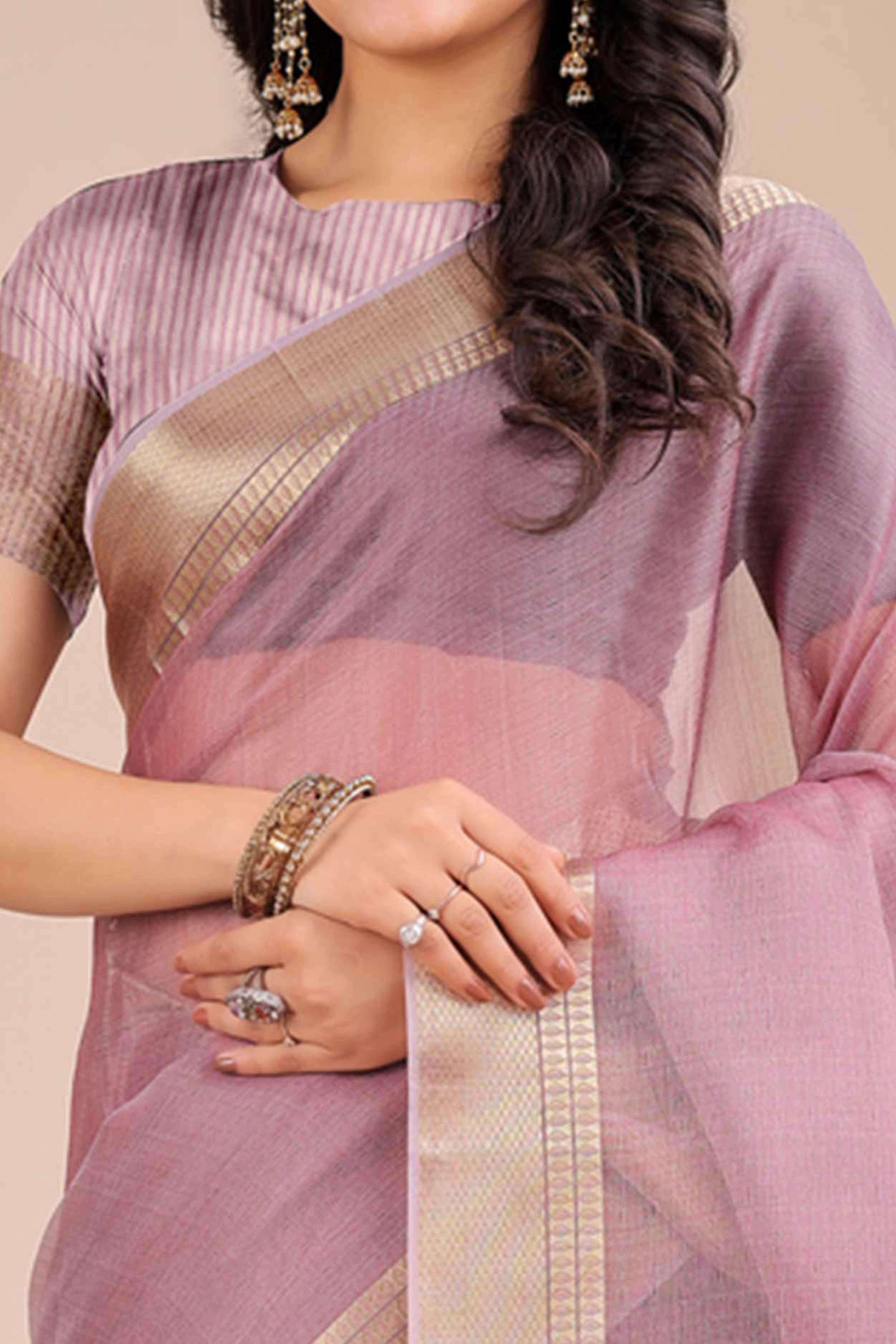 Soft Purple Organza Saree with Detailed Zari Woven Edging