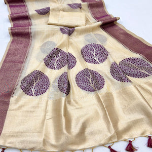 Beige & Purple Meenakari Crafted Soft Muga Cotton Saree Designed for Elegant Festive Styling