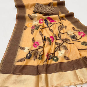 Mustard Meenakari Weaving Soft Muga Cotton Saree Designed for a Graceful Ethnic Appeal