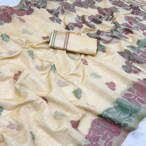Beige Handwoven Soft Muga Cotton Saree Decorated with Fine Meenakari Weaving Patterns