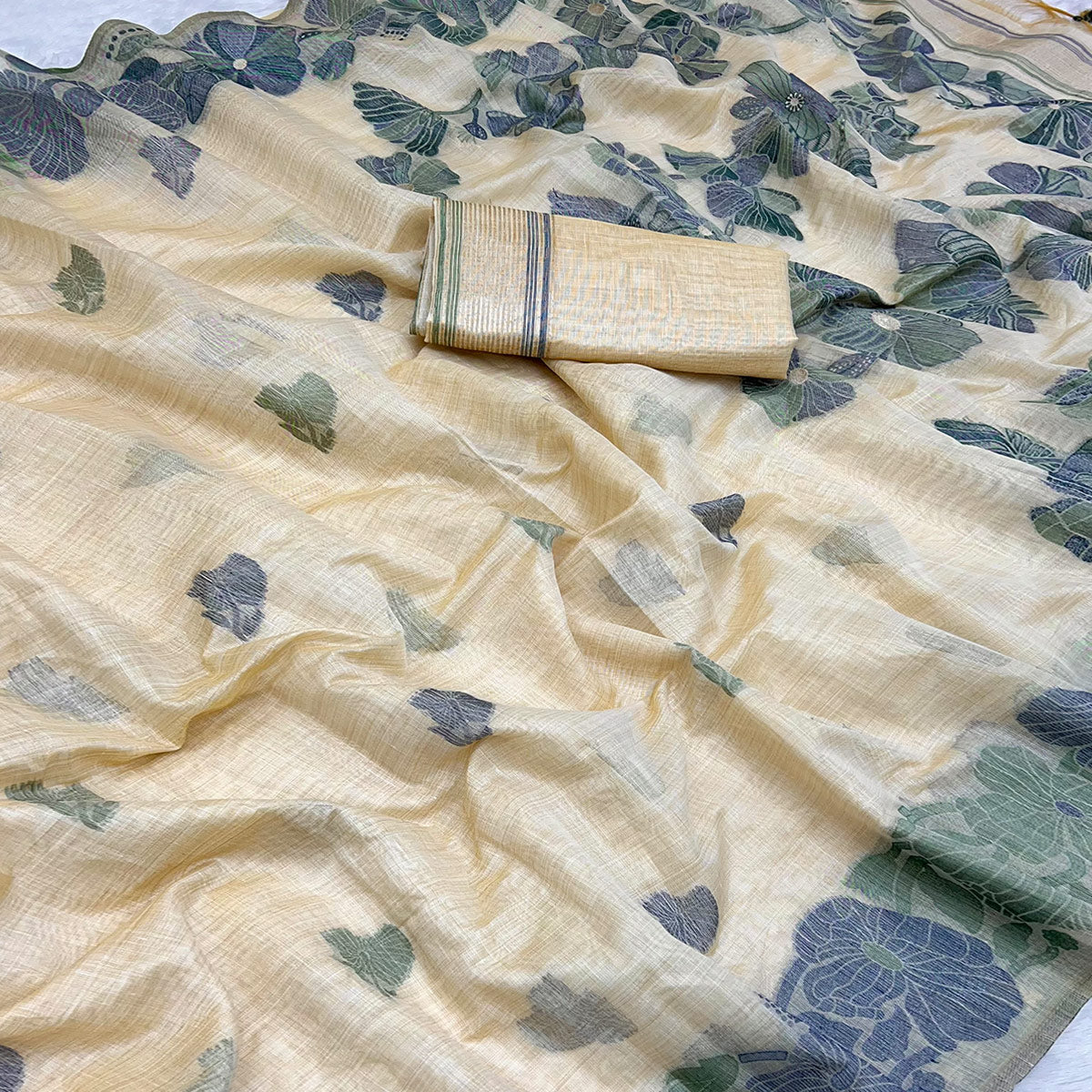 Beige Handwoven Muga Cotton Saree Decorated with Fine Meenakari Weaving Patterns