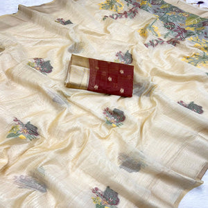 Beige Traditional Soft Muga Cotton Saree Elevated with Rich Meenakari Weaving Detailing