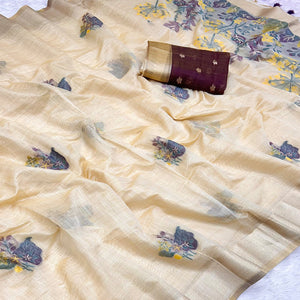 Beige Traditional Soft Muga Cotton Saree Elevated with Meenakari Weaving Detailing