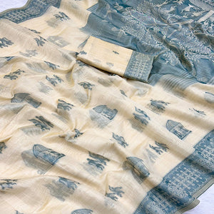 Beige Meenakari Weaving Soft Muga Cotton Saree Designed for Elegant Traditional Wear