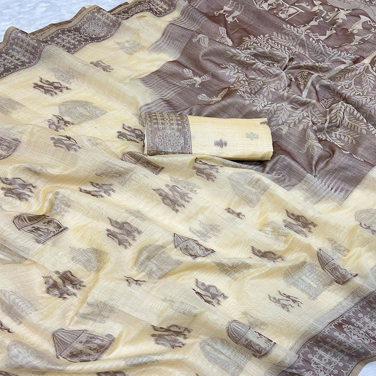 Beige Meenakari Weaving Soft Muga Cotton Saree Designed for Elegant Festive Wear