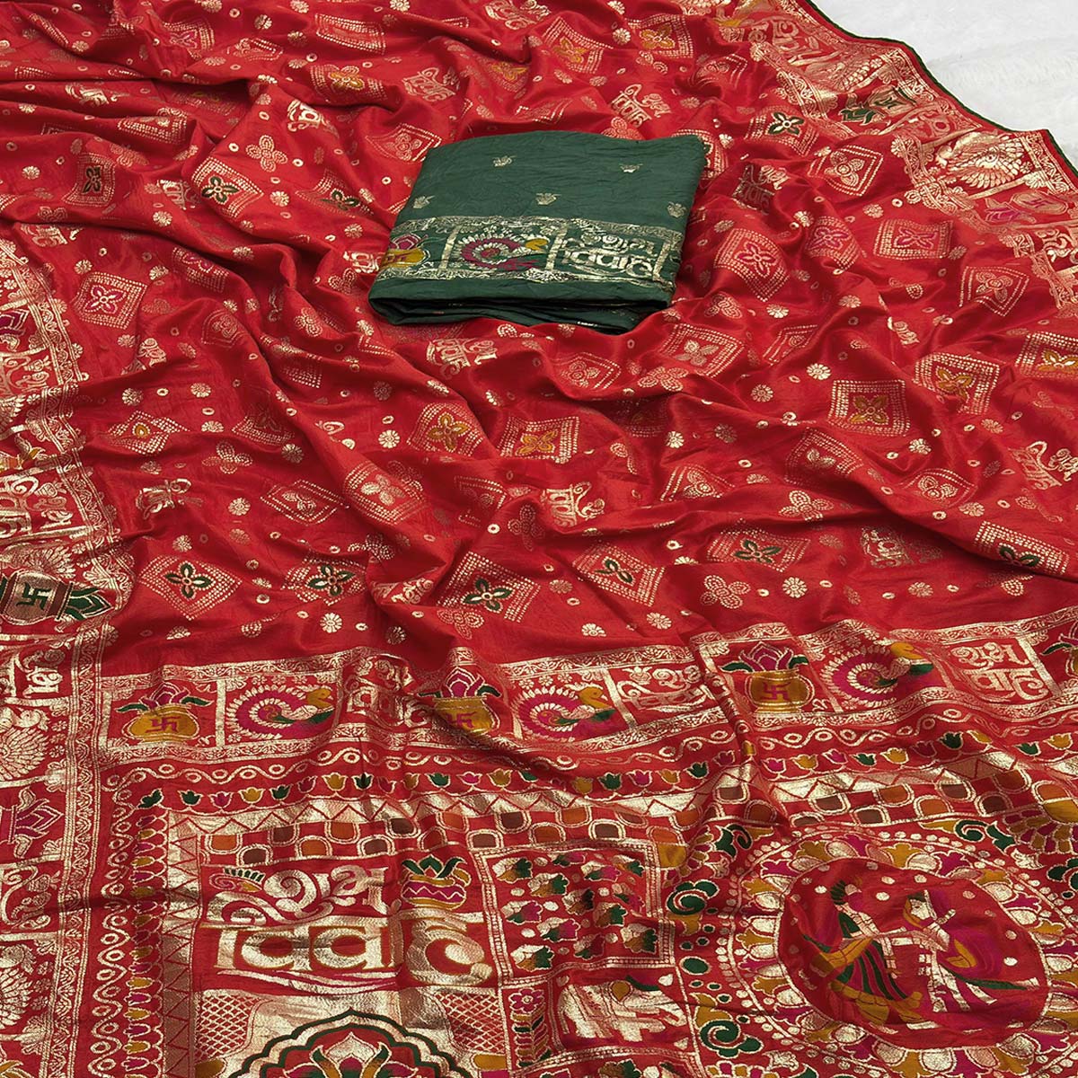 Red Artistic Meenakari Zari Woven Muslin Soft Saree with Smooth Fall