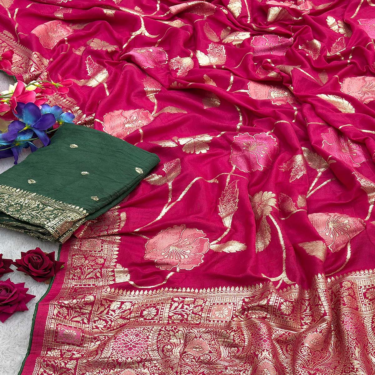 Pink Graceful Soft Muslin Saree Highlighted with Premium Meenakari Zari Work