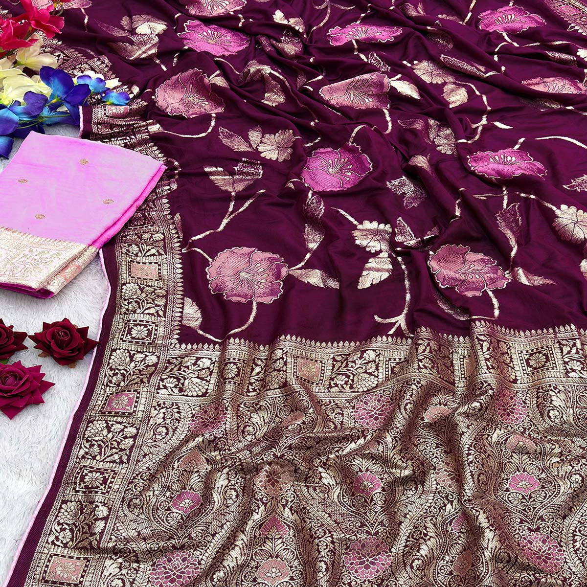 Purple Graceful Soft Muslin Saree Highlighted with Premium Meenakari Zari Work