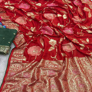 Red Graceful Soft Muslin Saree Highlighted with Premium Meenakari Zari Work