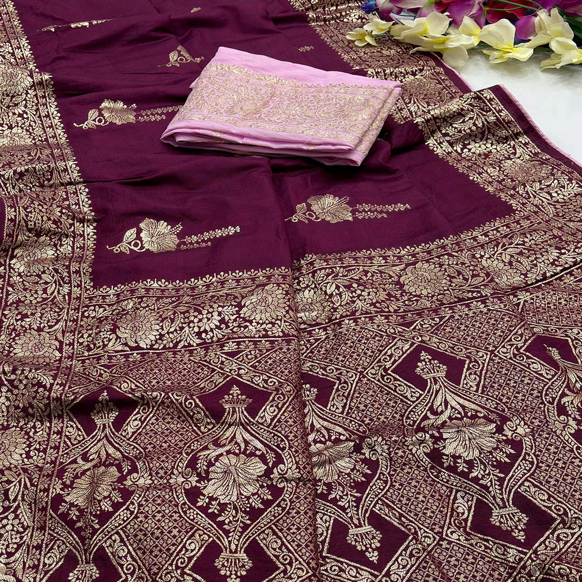 Purple Traditional Muslin Soft Saree Featuring Luxurious Meenakari Zari Patterns