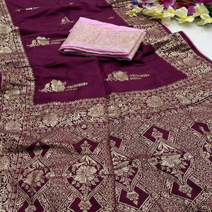 Purple Traditional Muslin Soft Saree Featuring Luxurious Meenakari Zari Patterns