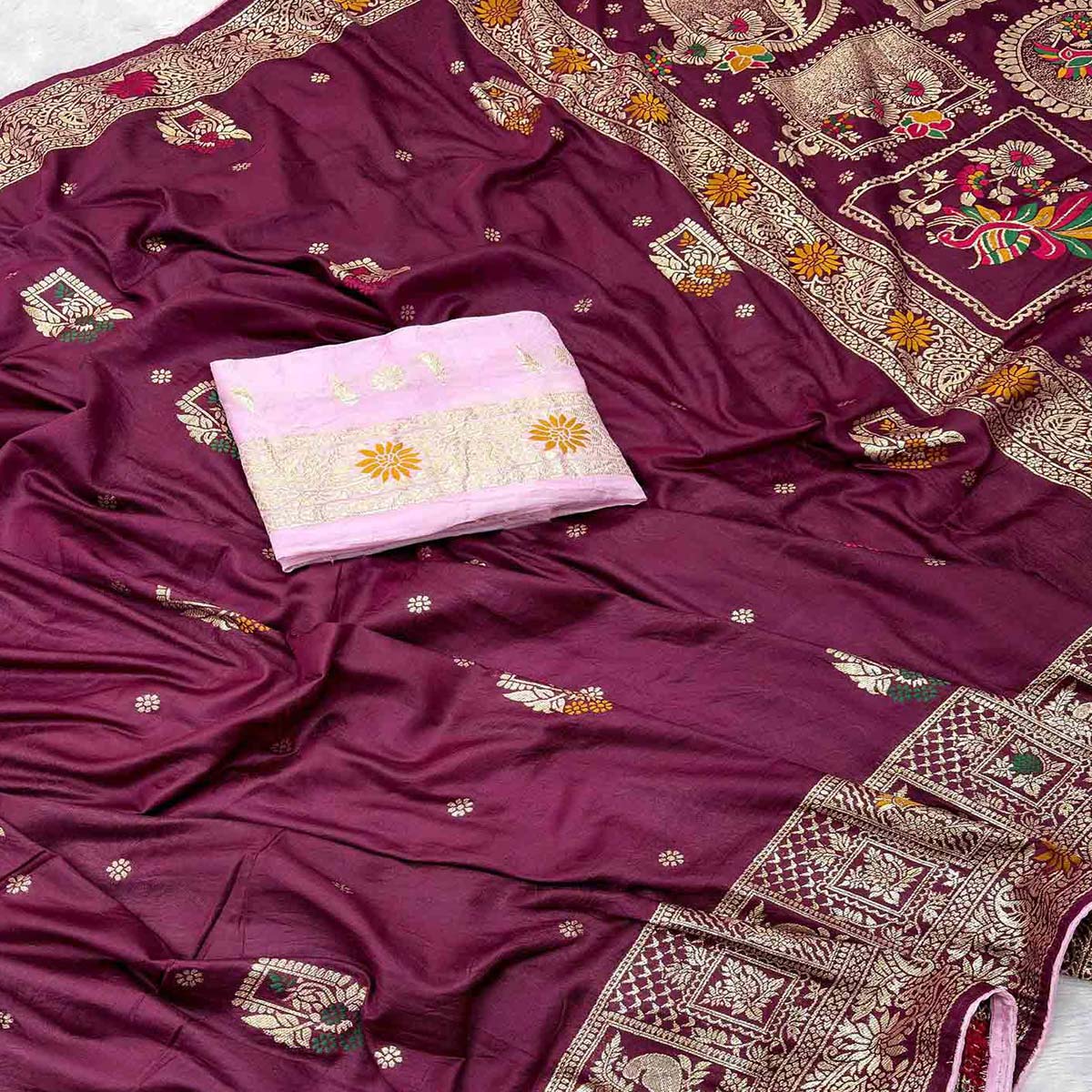 Purple Lightweight Muslin Soft Saree Beautified with Classic Meenakari Zari Weaves