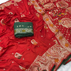 Red Lightweight Muslin Soft Saree Beautified with Classic Meenakari Zari Weaves