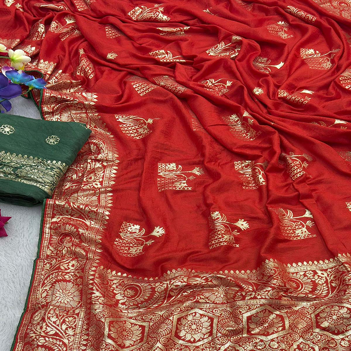 Red Elegant Soft Muslin Saree with Fine Meenakari Zari Woven Motifs