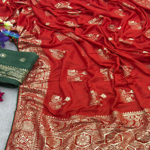Red Elegant Soft Muslin Saree with Fine Meenakari Zari Woven Motifs