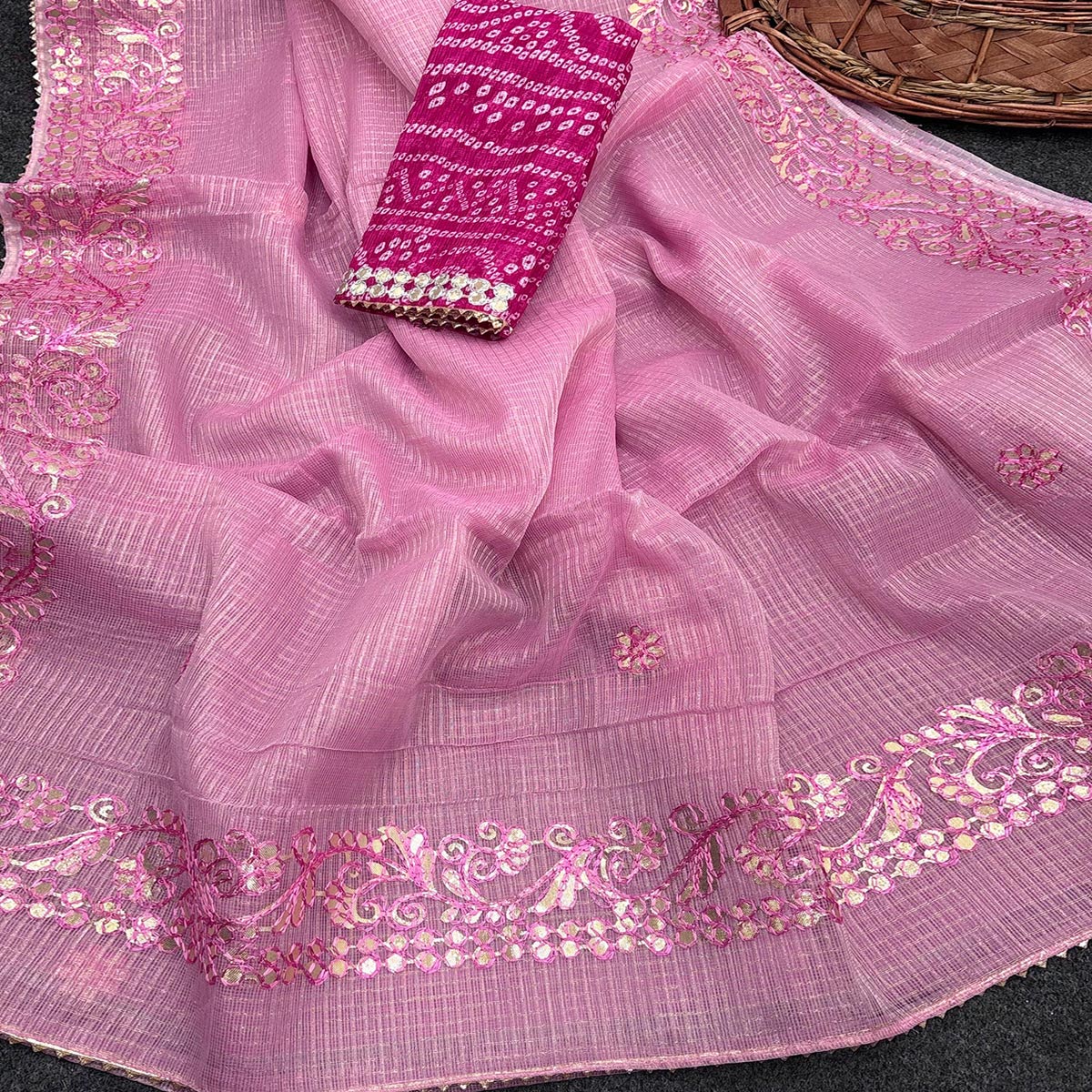 Pink Pure Kota Doria Saree Adorned with Exquisite Gota Work Embroidery