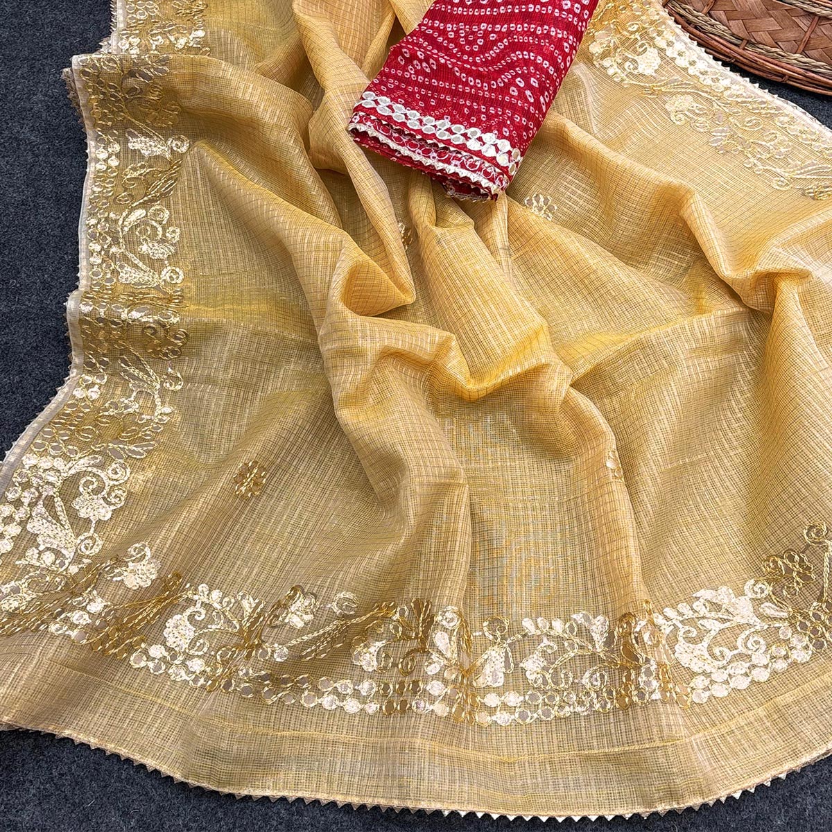 Yellow Pure Kota Doria Saree Adorned with Exquisite Gota Work Embroidery