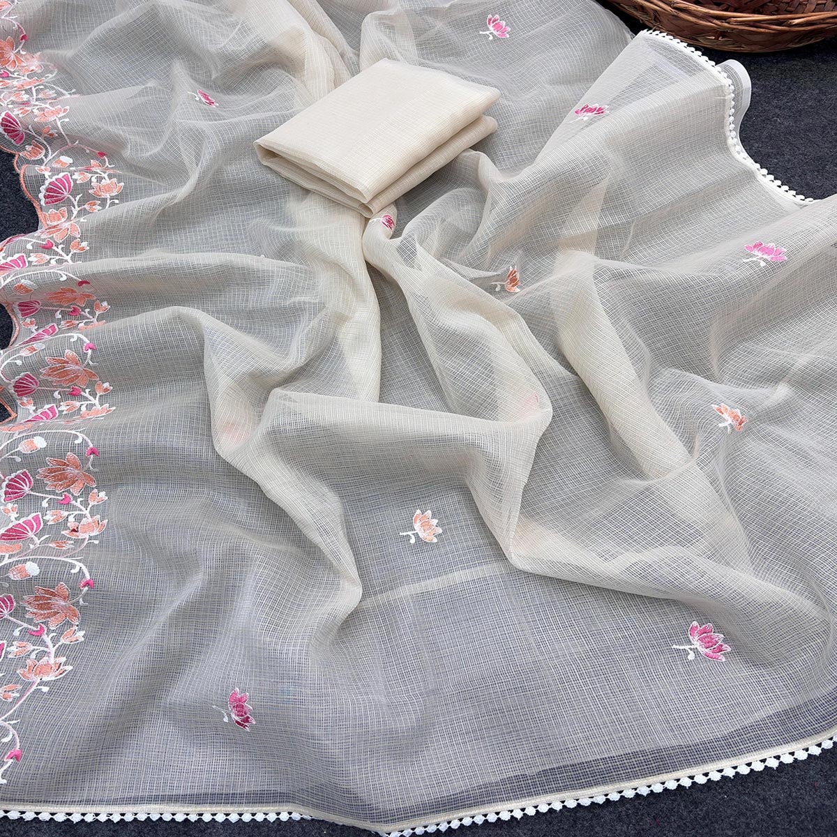 Cream Handwoven Kota Doria Saree Featuring Rich Gota Work for a Festive Look