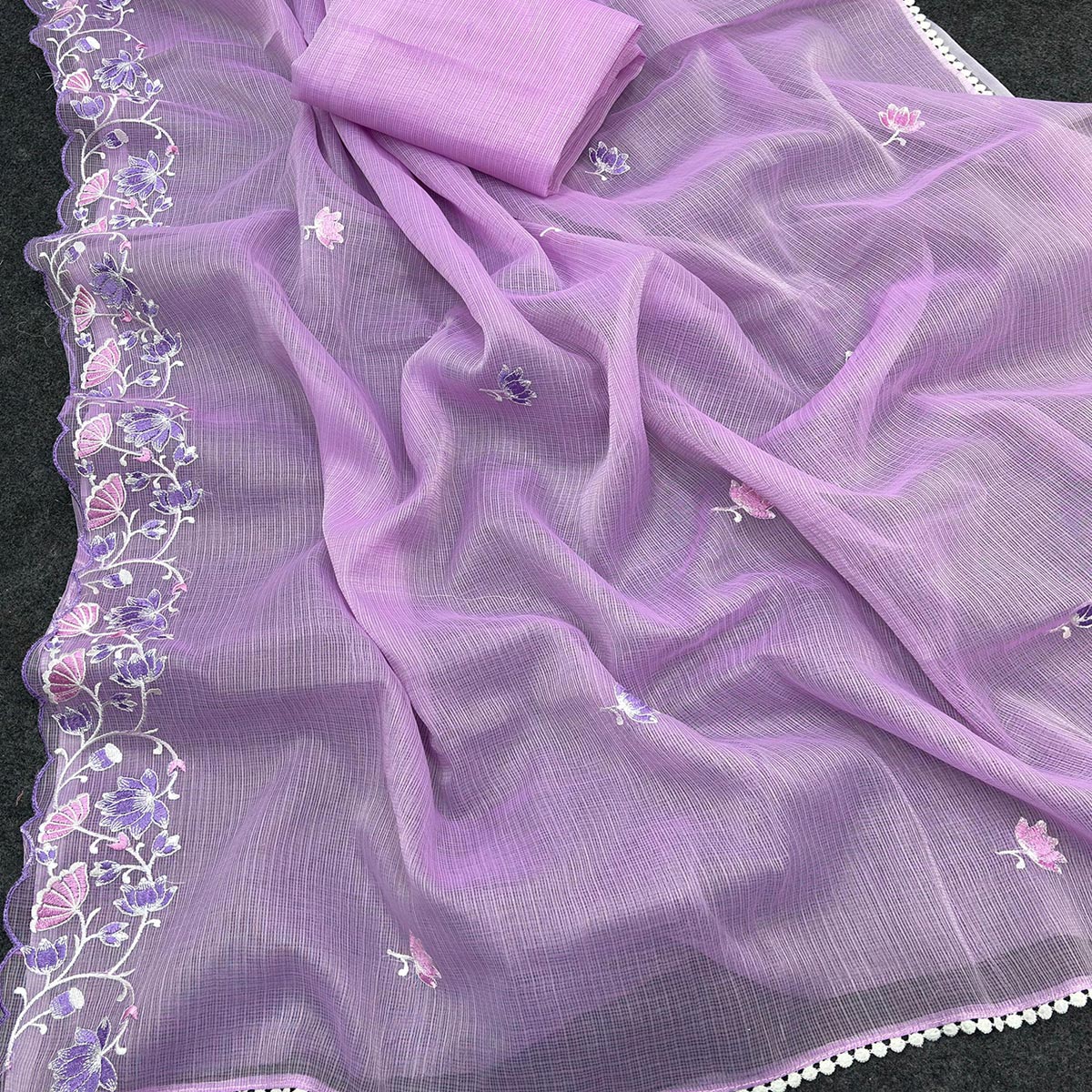 Light Purple Handwoven Kota Doria Saree Featuring Rich Gota Work for a Festive Look