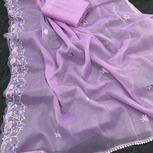 Light Purple Handwoven Kota Doria Saree Featuring Rich Gota Work for a Festive Look