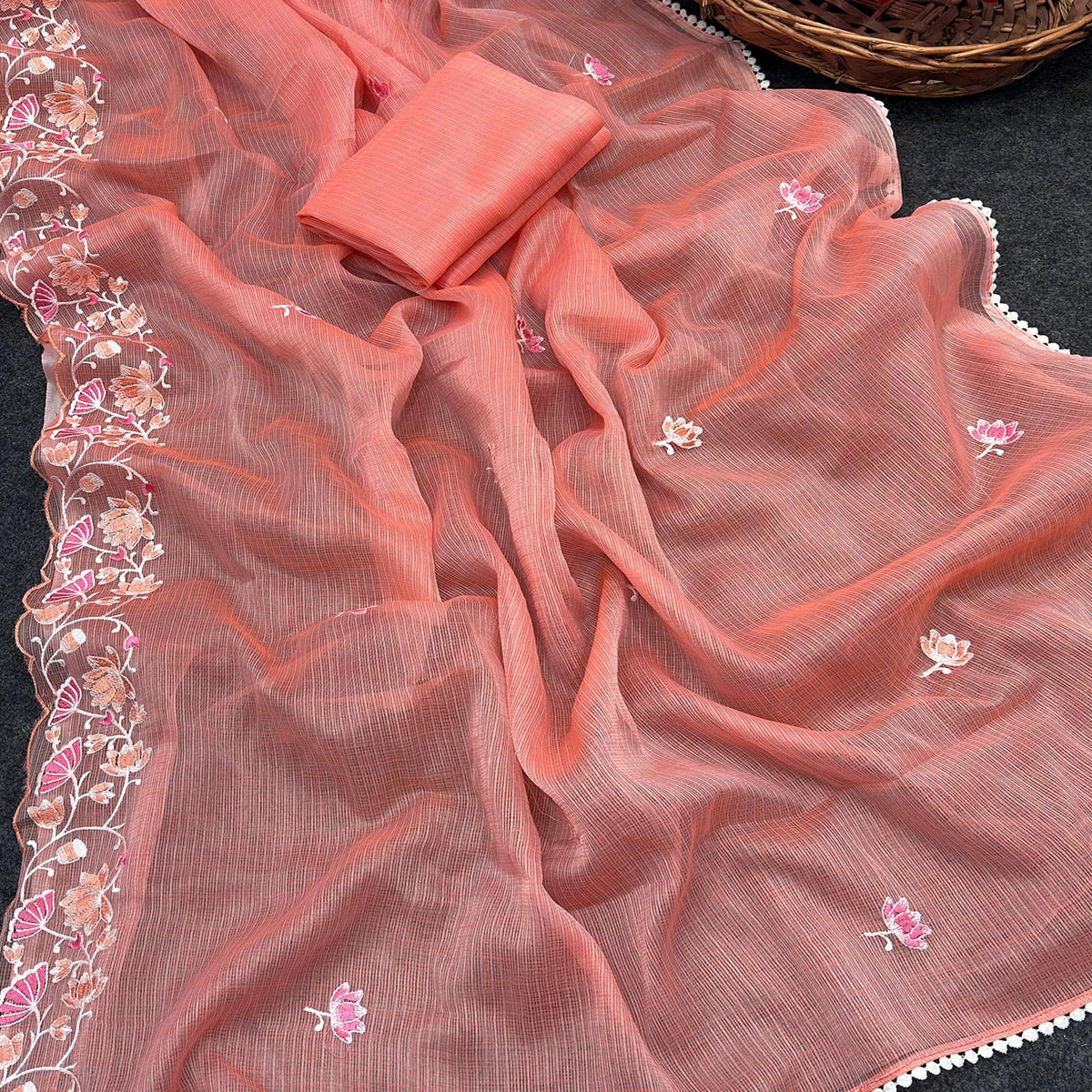 Peach Handwoven Kota Doria Saree Featuring Rich Gota Work for a Festive Look