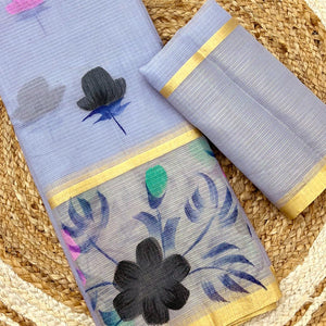 Bluish Grey Floral Brush-Painted Kota Doria Saree with Elegant Artistic Detailing