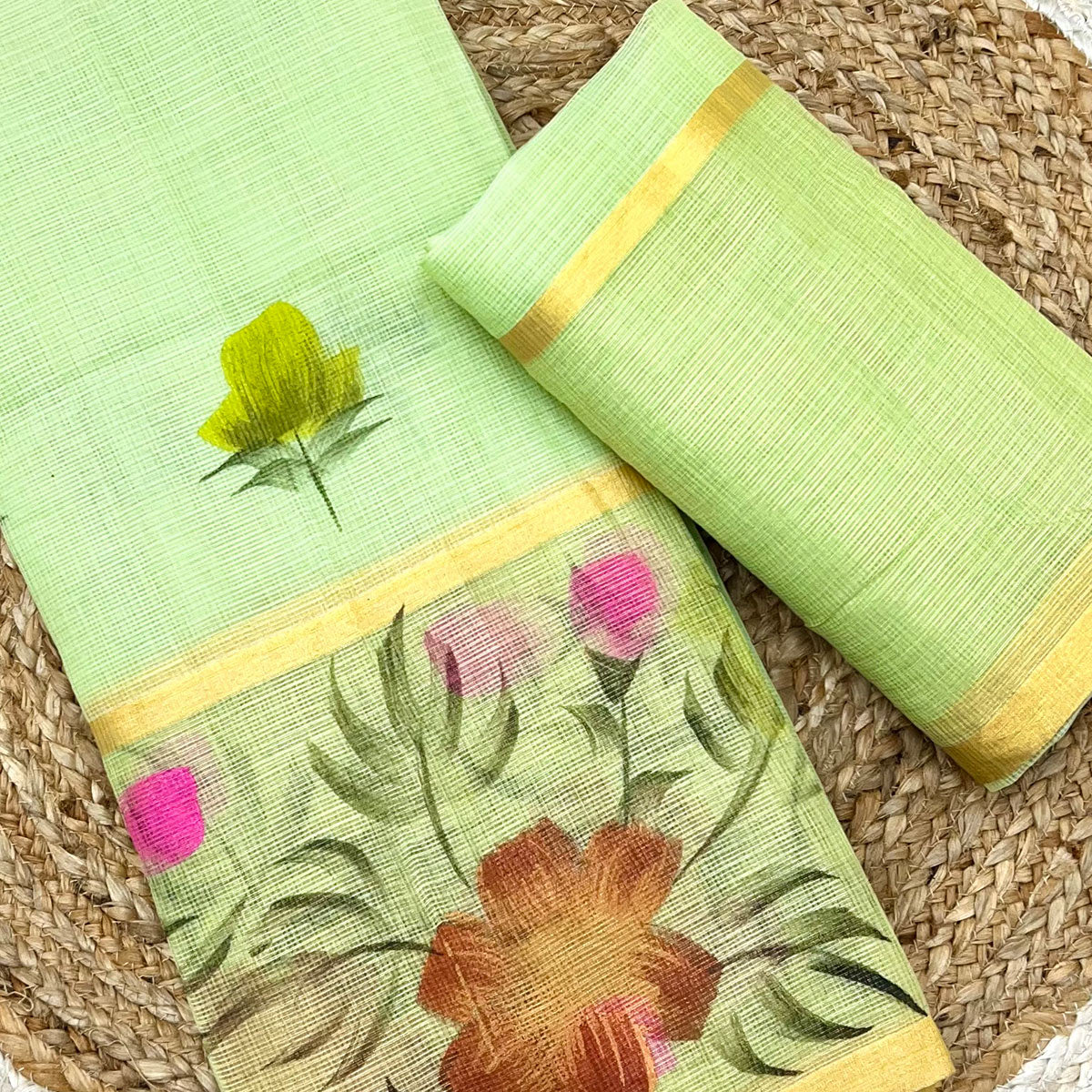 Green Floral Brush-Painted Kota Doria Saree with Elegant Artistic Detailing