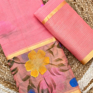 Peach Floral Brush-Painted Kota Doria Saree with Elegant Artistic Detailing
