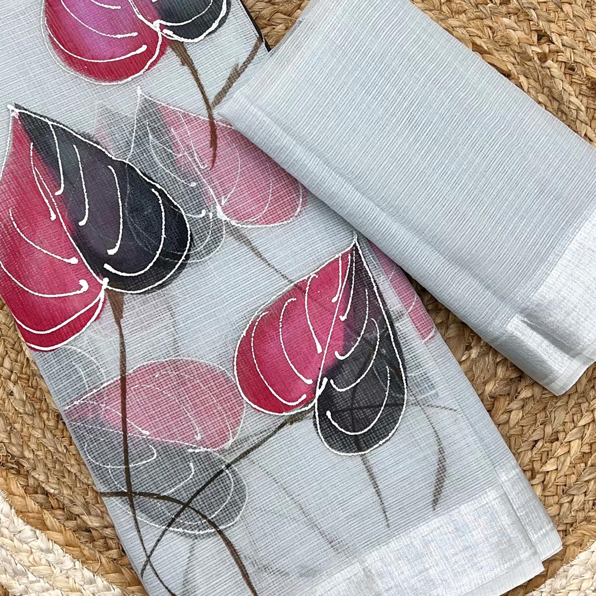 Grey Floral Brush-Work Kota Doria Saree with a Soft and Breezy Texture