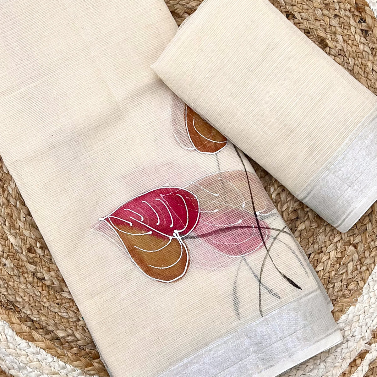 Off White Floral Brush-Work Kota Doria Saree with a Soft and Breezy Texture