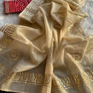 Beige Festive Kota Doria Saree Decorated with Classic Gota Work Embroidery