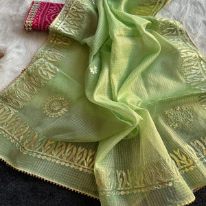 Green Festive Kota Doria Saree Decorated with Classic Gota Work Embroidery