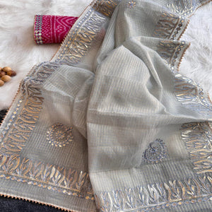Grey Festive Kota Doria Saree Decorated with Classic Gota Work Embroidery