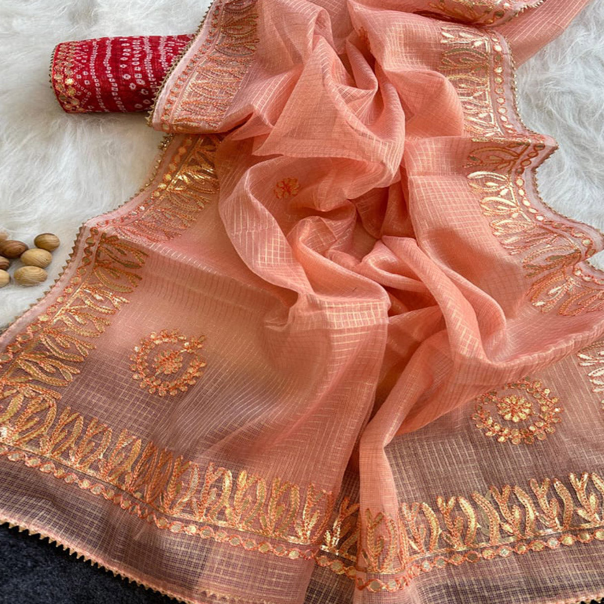 Peach Festive Kota Doria Saree Decorated with Classic Gota Work Embroidery