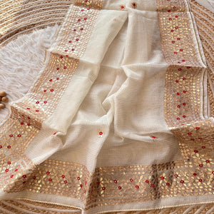 Cream Ethnic Kota Doria Saree Designed with Beautiful Traditional Gota Embroidery