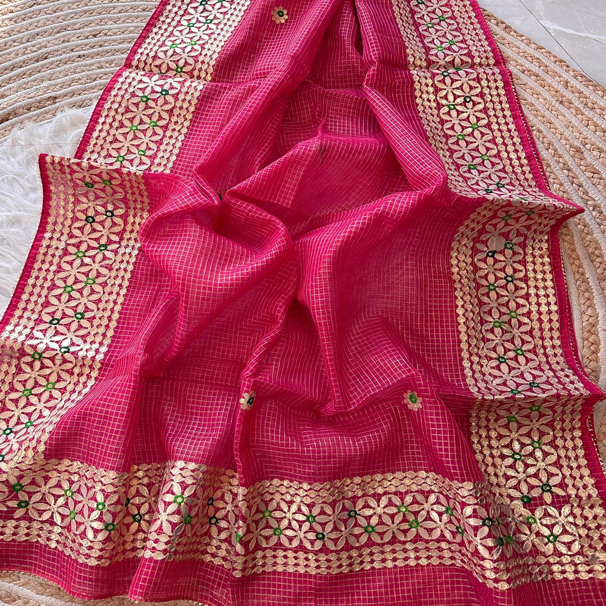 Pink Ethnic Kota Doria Saree Designed with Beautiful Traditional Gota Embroidery