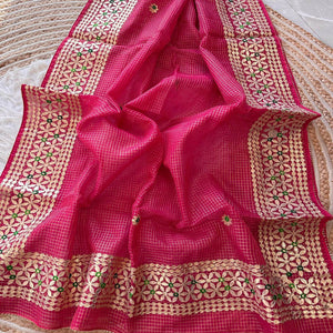 Pink Ethnic Kota Doria Saree Designed with Beautiful Traditional Gota Embroidery