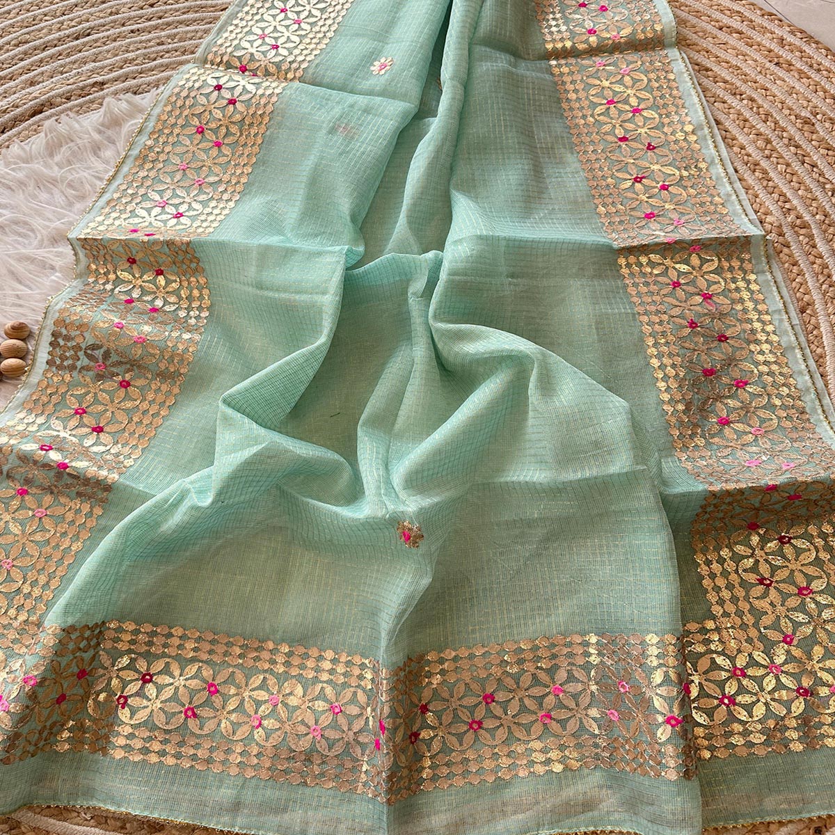 Sea Green Ethnic Kota Doria Saree Designed with Beautiful Traditional Gota Embroidery