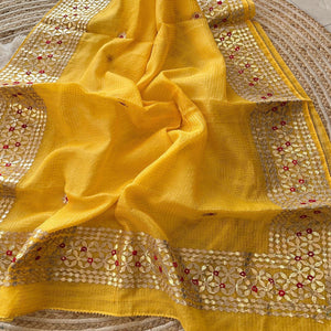 Yellow Ethnic Kota Doria Saree Designed with Beautiful Traditional Gota Embroidery