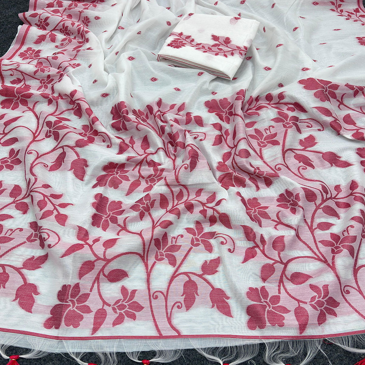 White and Red Floral Weaving Muga Cotton Silk Saree Crafted with Elegant Detailing and Classic Appeal
